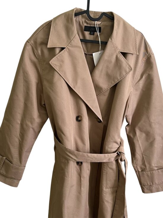 Zara Long Trench Coat Taupe Brown Size M Double Breasted Belted Sustainable NWT - Picture 5 of 11
